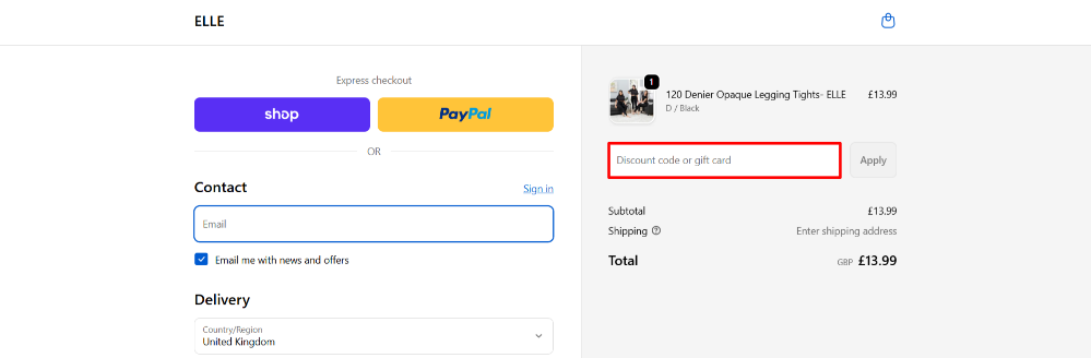 Applying a ELLE promo code at checkout to save on your order.