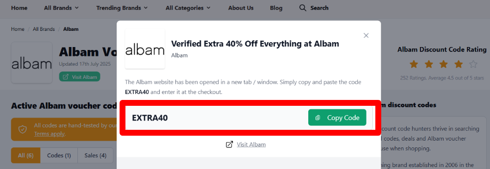 The highlighted red box shows the link that takes you to the Albam website