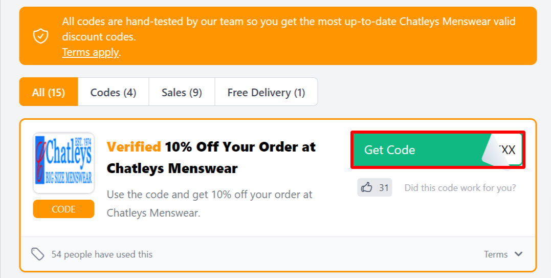 The Love Discount Vouchers page showing all Chatleys Menswear's verified discount codes to use on your purchase