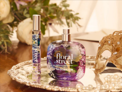 The Floral Street Bridgeton perfume collection set with a gold masquerade mask