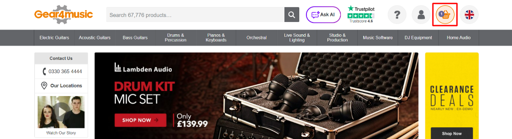 The Gear4music website and the shopping categories
