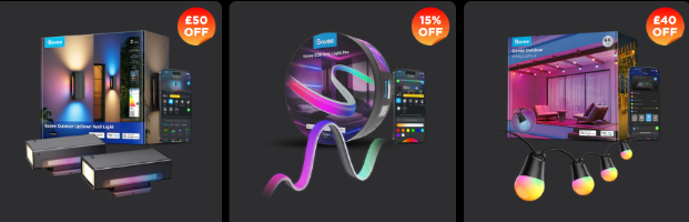 Three Govee smart lighting products on sale, each shown with a discount badge