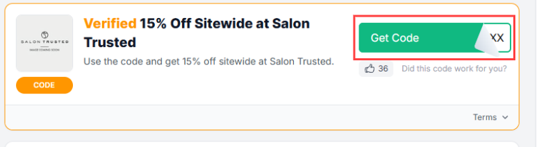 A Salon Trusted voucher code with "Get Code" in a red box.