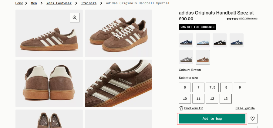 JD Sports add to bag button in a red rectangle with shoes on display and sizes