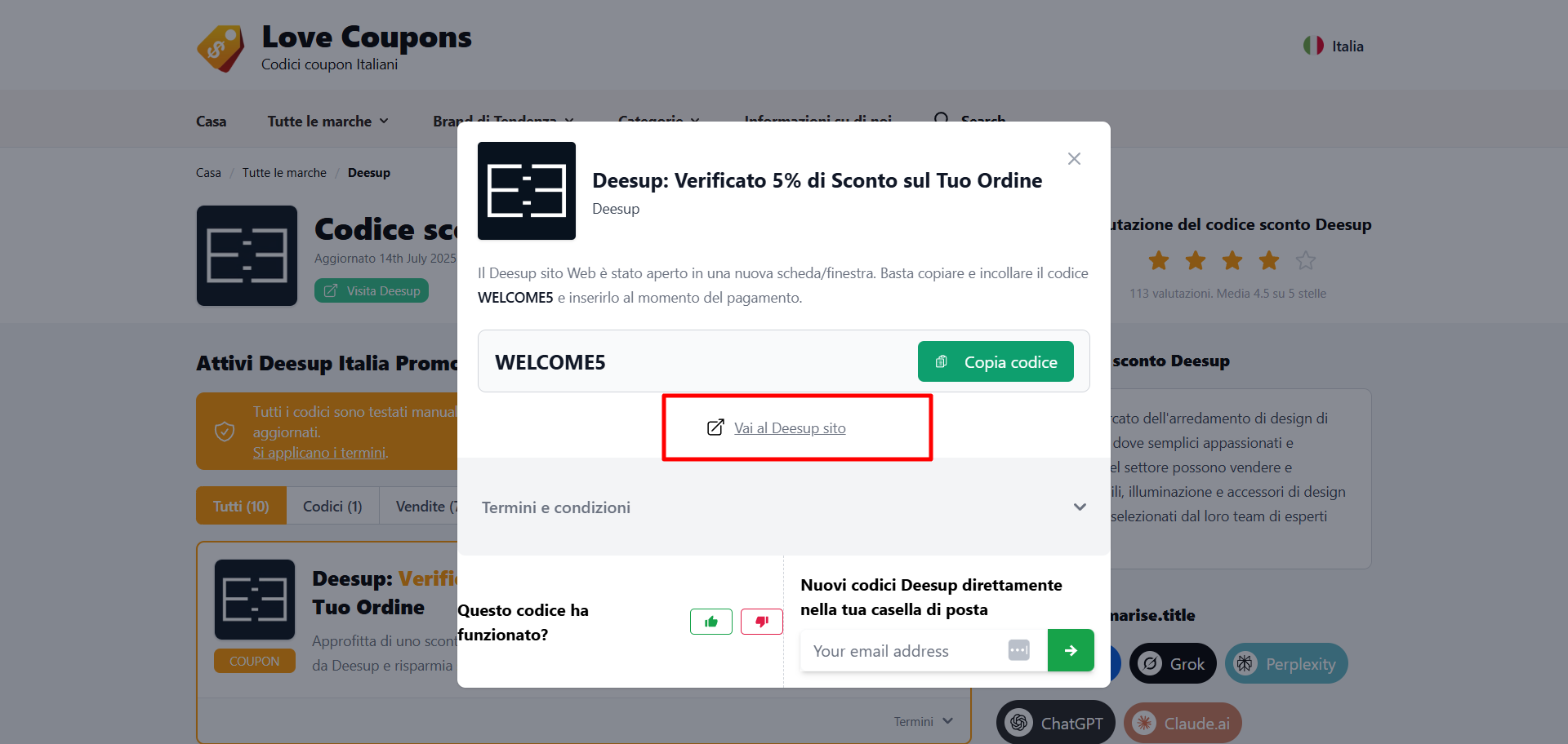 collegamento diretto al sito ufficiale Deesup dove poter inserire il codice sconto Deesup su vari prodotti