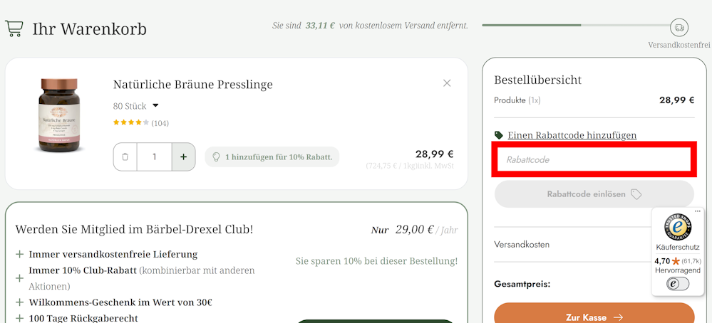 Warenkorb von BÄRBEL DREXEL mit rotmarkiertem Eingabefeld für Rabattcodes