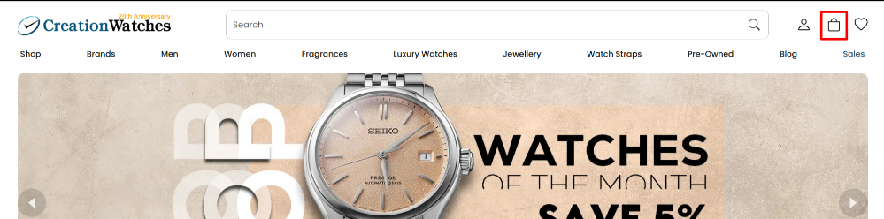 The CreationWatches website and the shopping categories, with the shopping bag highlighted with a red box
