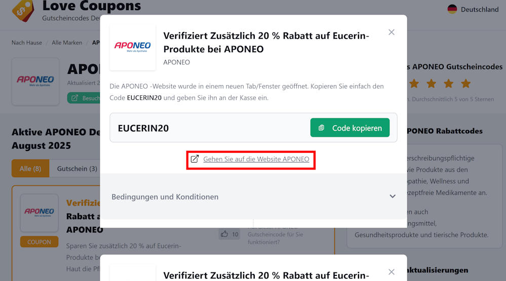 Offener APONEO Gutscheincode auf Love Coupons mit markiertem Link