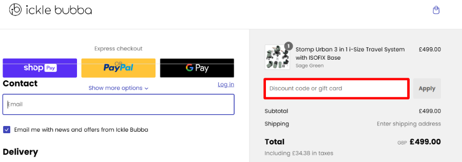Ickle Bubba's checkout page where the place you need to put your Ickle Bubba discount code is highlighted by a red box