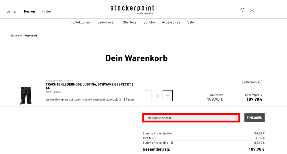 Warenkorb von Stockerpoint mit einem rotmarkierten Eingabefeld für Gutscheine