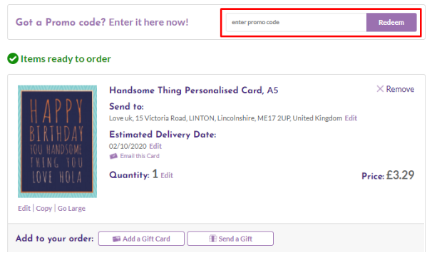 A box where you can add your Funky Pigeon voucher code to redeem it