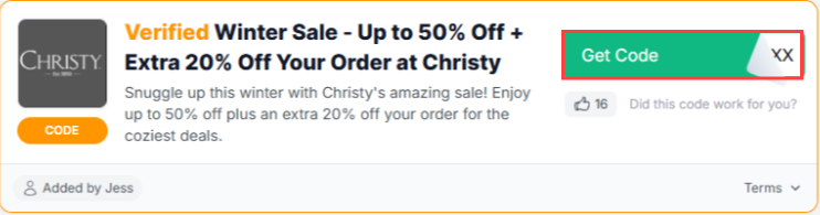 A Christy discount code with "Get Code" in a red box.