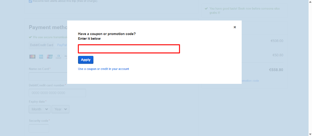 Apply your Expedia discount code to the box you see in the picture
