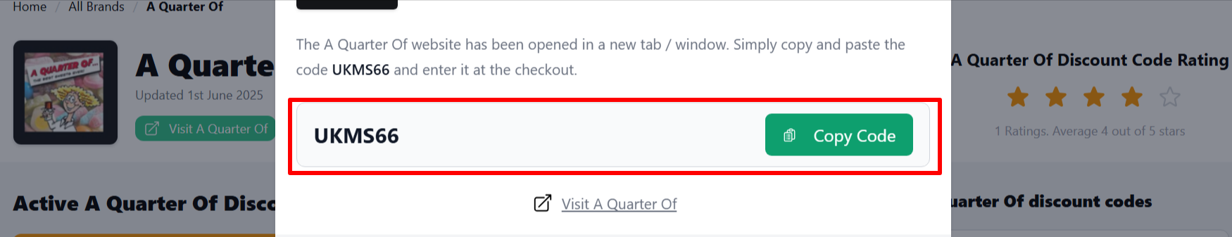The highlighted red box shows the link that takes you to the A Quarter Of website