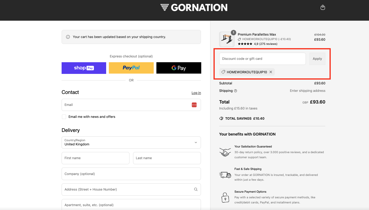 Checkout page showing where to apply a discount code