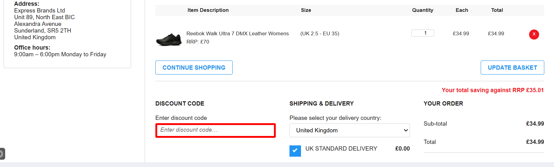 The checkout page showing where to apply your discount code