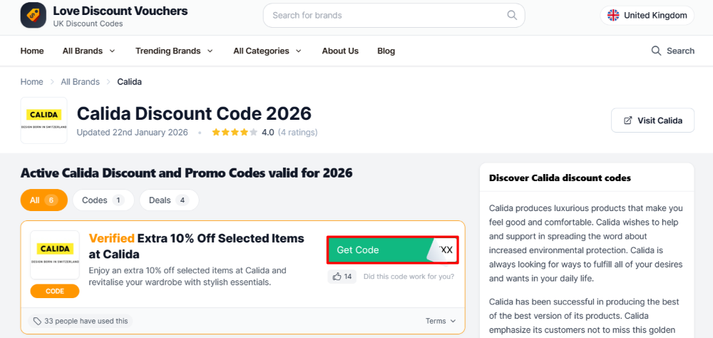 Calida Love Discount Vouchers page where a code is copied shown by a red box