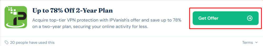 An IPVanish offer with "Get Offer" in a red box
