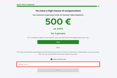 image showing the Flightright checkout page showing the voucher code box