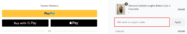 A box where you can add your Chi Chi London discount code to redeem it