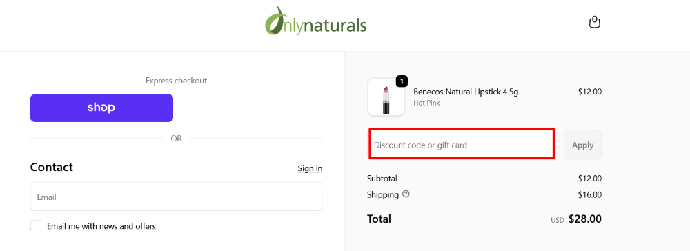 The checkout page for Onlynaturals, where you paste the code