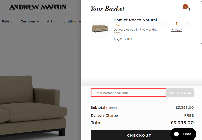 The Andrew Martin shopping basket page with where to paste the Andrew Martin voucher code in a red box.