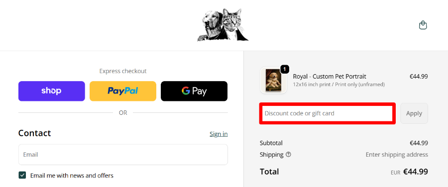 Apply your Purr and Mutt promo code before you pay