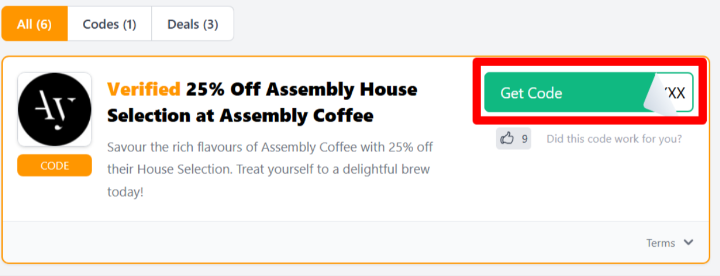 The Love Discount Vouchers page shows Assembly Coffee promo codes and offers to use on your purchase.