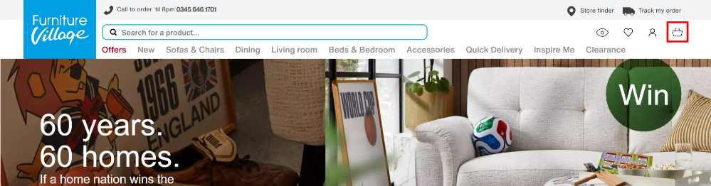 The Furniture Village website and the shopping categories