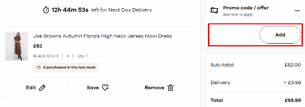 The checkout page showing where to paste and apply your JD Williams discount code