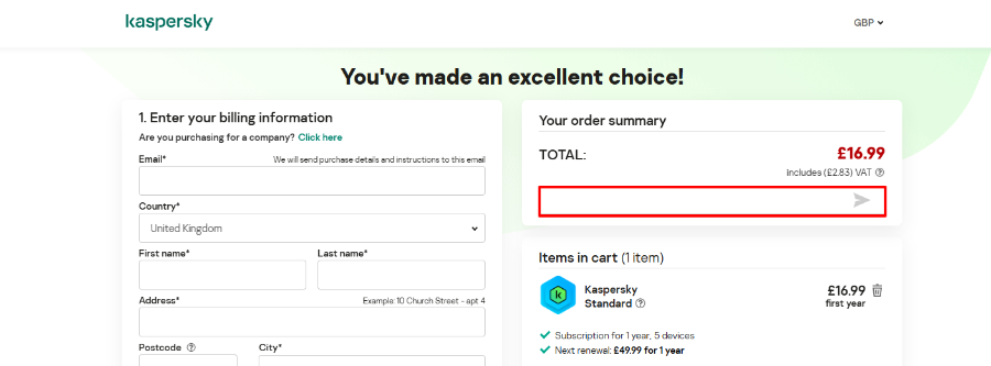 Kaspersky checkout place where to add your Kaspersky coupon code