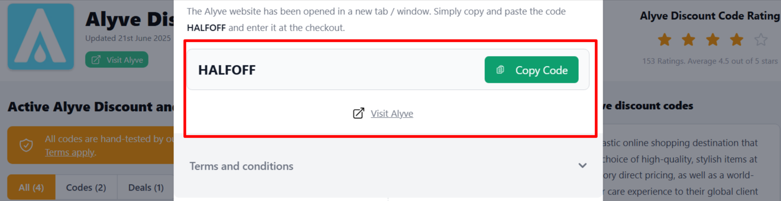 The highlighted red box shows the link that takes you to the Alyve website