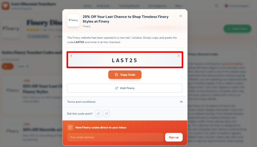 Copy your Finery promo code and visit the online store to start shopping