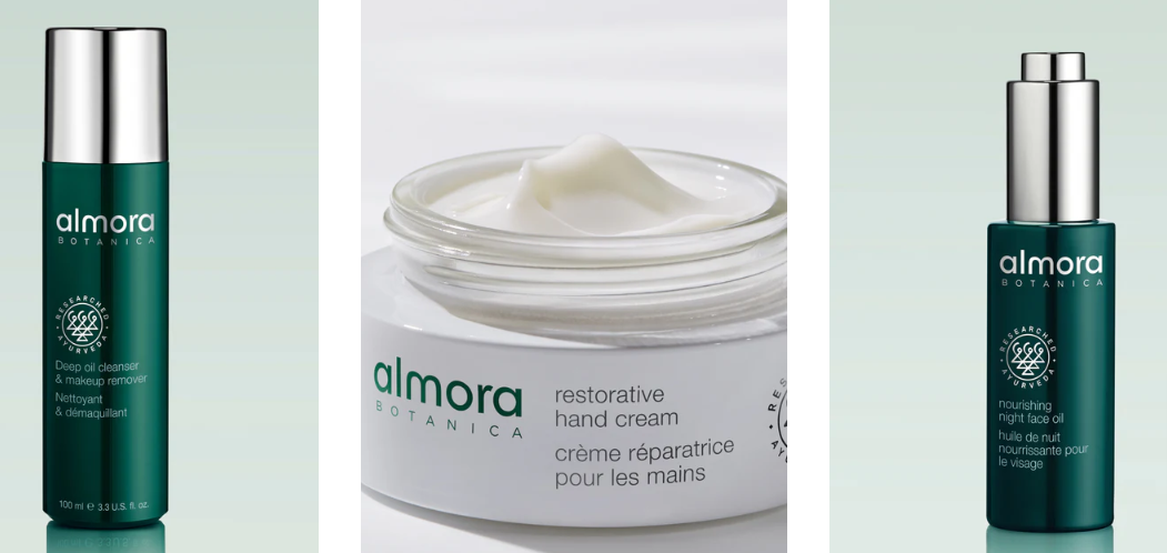 A collage of Almora Botanica's skincare products in branded containers