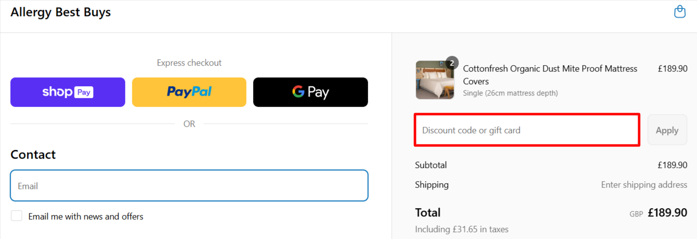 The checkout page showing where to apply your Allergy Best Buys discount code