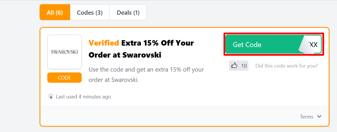 The Love Discount Vouchers page showing all Swarovski's verified discount codes to use on your purchase