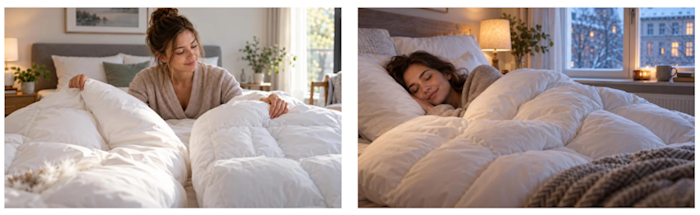 Zwei Bilder, die jeweils eine lächelnde Frau in einem Schlafzimmer zeigen