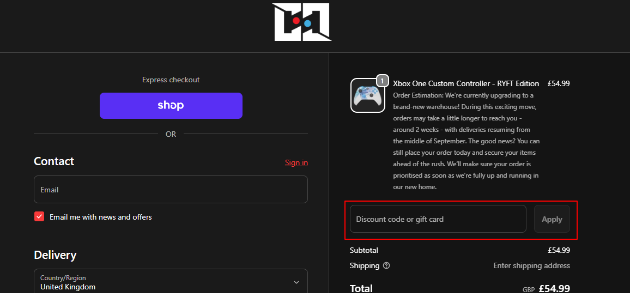 a checkout page where customers can add their verified Custom Controllers code