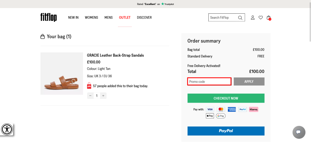The checkout page shows where to apply your FitFlop discount code
