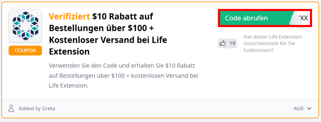Angaben zum Gutschein von Life Extension mit rotmarkiertem Abruf-Button für den Code
