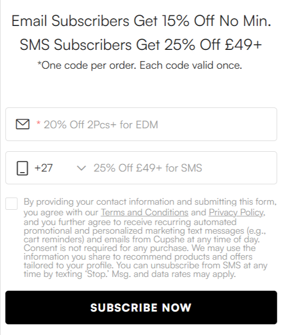 The email and text sign up page