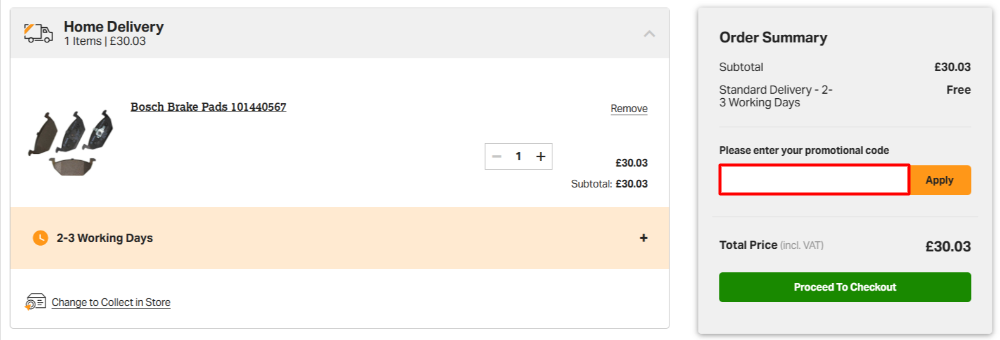 The checkout page with where to paste the Halfords discount code in a red box