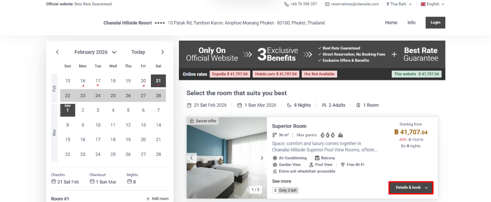 A Chanalai Hotels & Resorts rate options and a calendar
