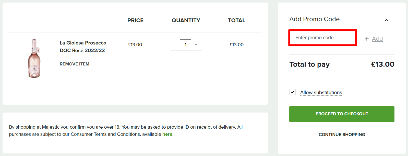 The Majestic Wine trolley page with the promo code box outlined with a red box