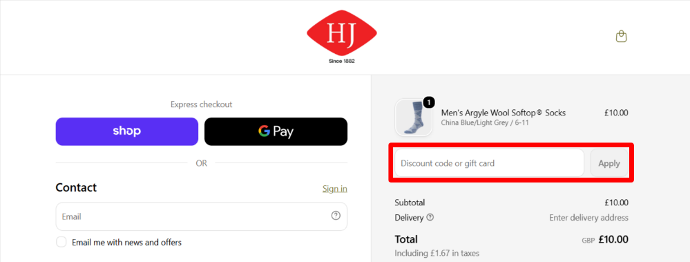 Applying a HJ Hall promo code in the shopping cart to save money