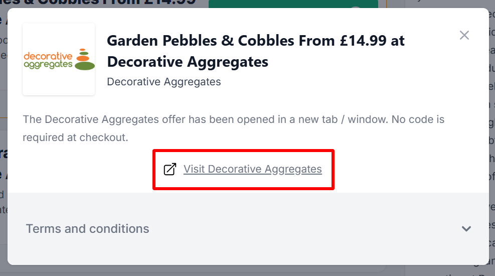 A Decorative Aggregates offer with "Visit Decorative Aggregates" in a red box