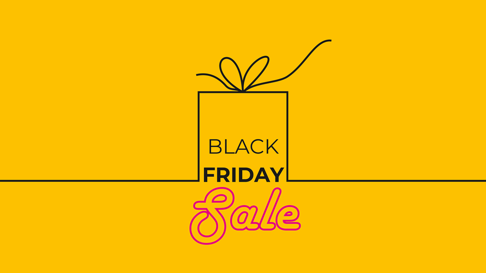 Simple Grafik einer gelben Geschenkbox mit einem Verweis auf Black Friday Sales