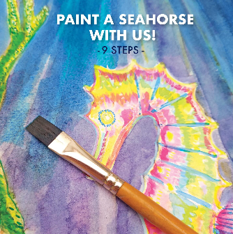 A seahorse painted in vibrant colours and a paint brush on the side