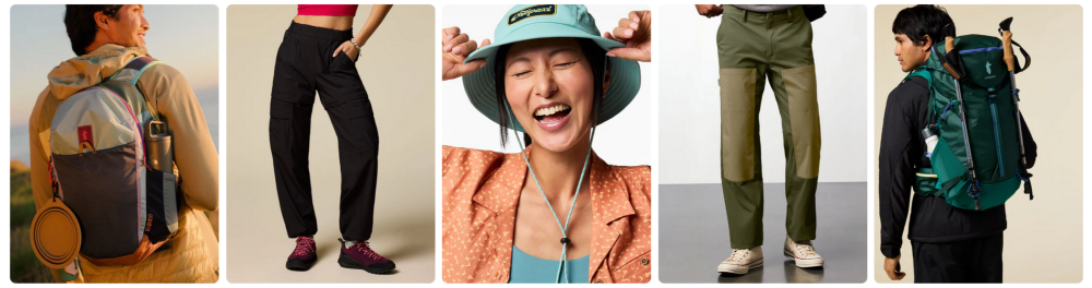 Cotopaxi outdoor apparel and gear including backpacks, hiking trousers, and accessories showcased on models