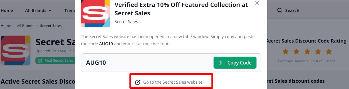a highlighted link which customers can click after copying their discount code
